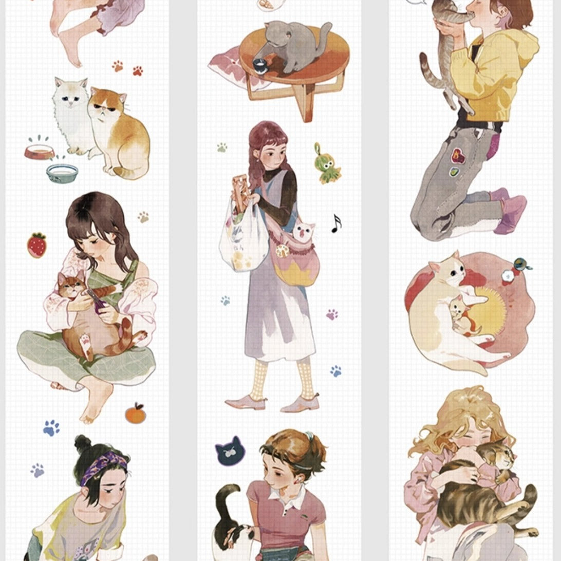 Three strips of Love U & Meow PET tape showing watercolor scenes of girls and cats — cuddling, carrying in a tote bag, and cozy paw-print moments