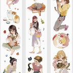 Shroomi Washi Tape: Girls & Cats. Watercolor illustration of women, kittens, and cats in various poses. Transparent PET.
