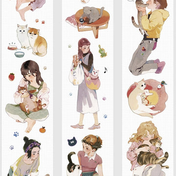 Three strips of Love U & Meow PET tape showing watercolor scenes of girls and cats — cuddling, carrying in a tote bag, and cozy paw-print moments