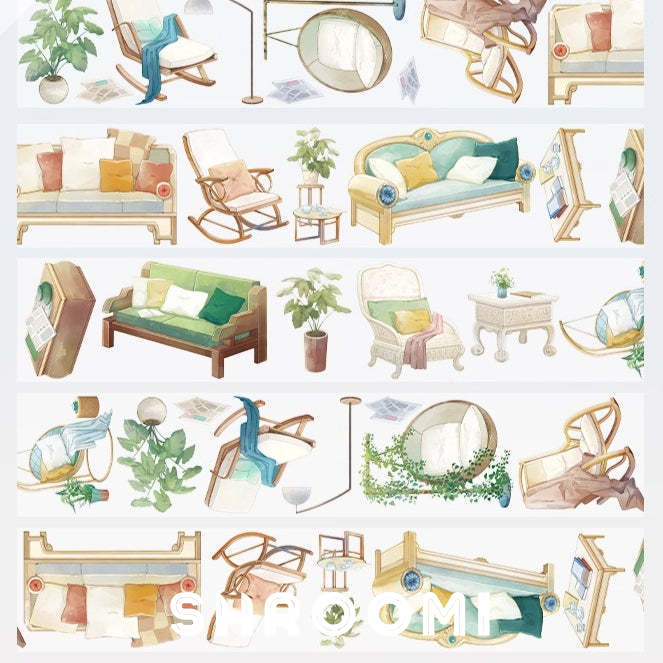 Full pattern sheet of Modern Furniture 2 PET tape displaying all furniture designs including sofas, rocking chairs, wicker chairs, bubble chairs, plants, and bunk beds