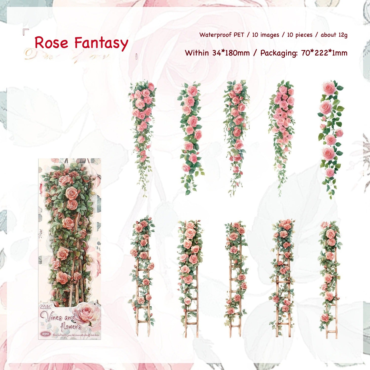 Vines and Flowers climbing vine sticker strips in red rose, orange, green, pink and blue colorways