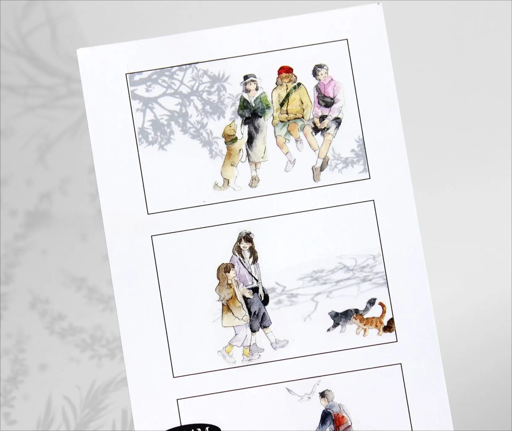 Watercolor PET tape with city wanderer characters, street musicians, cyclists, pets, umbrellas, and everyday urban scenes