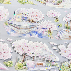 Delicate cherry blossom streets with shimmering shell-like reflections on Sakura Street Shell Shine PET Tape for crafting.