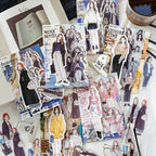 Aesthetic Shroomi fashion girl paper doll stickers for journaling and scrapbooking, arranged with a notebook and coffee.