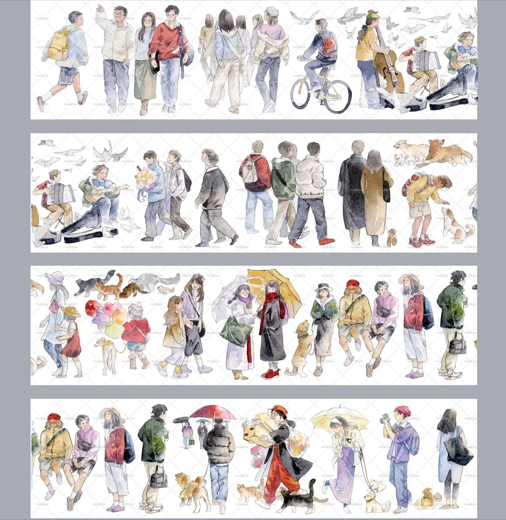 Watercolor PET tape with city wanderer characters, street musicians, cyclists, pets, umbrellas, and everyday urban scenes