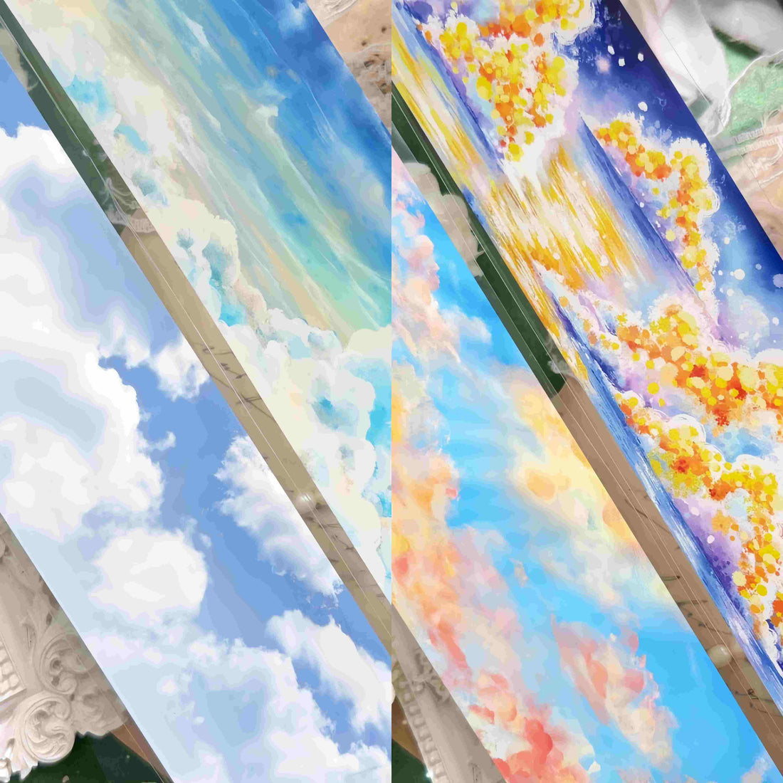 Sky Scenery PET Tape Collection – pale daytime sky with clouds next to a golden sunset cloud design
