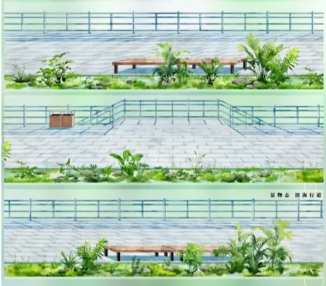 Decorative PET tape with a coastal pathway scene, featuring benches and lush greenery, by Shroomi