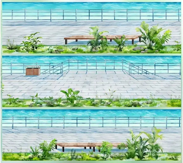 Washi tape featuring a serene coastal pathway with a tiled promenade and lush greenery, by Shroomi