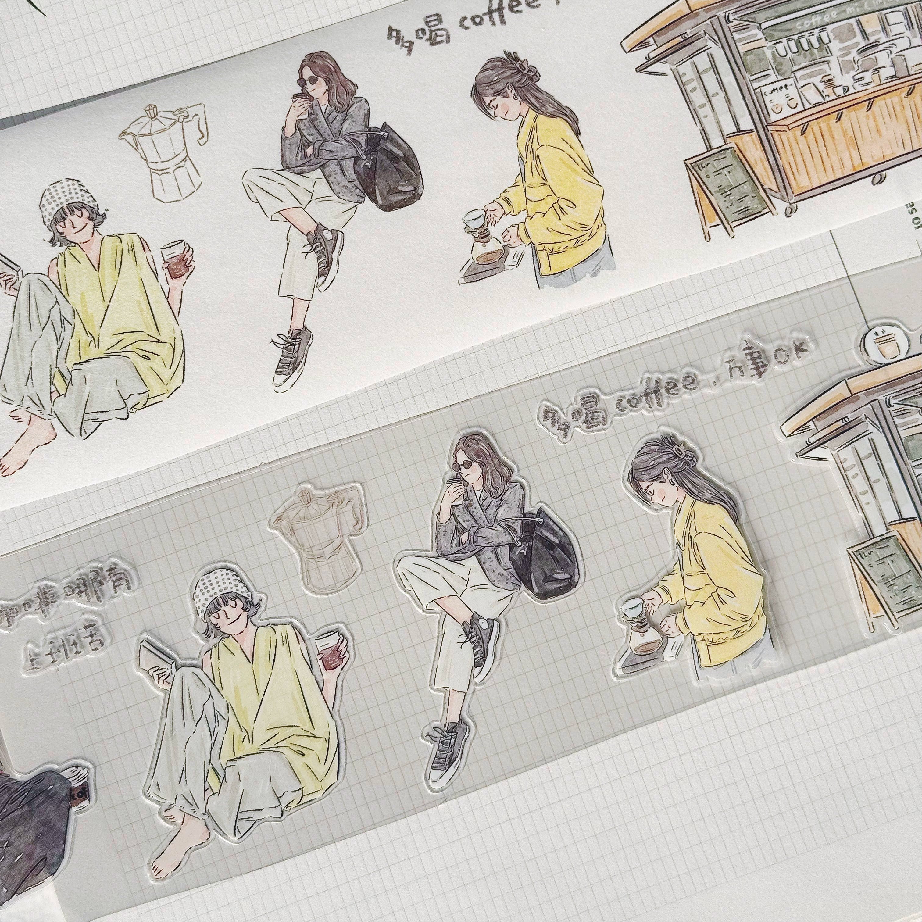 Coffee girl die-cut decorative tape with cafe storefront and character illustrations