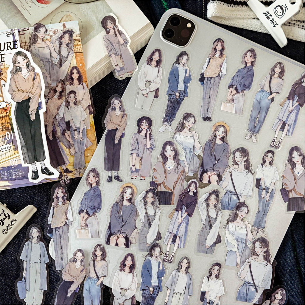 A large collection of translucent fashion girl stickers for journaling, with a matching sticker book, by Shroomi.