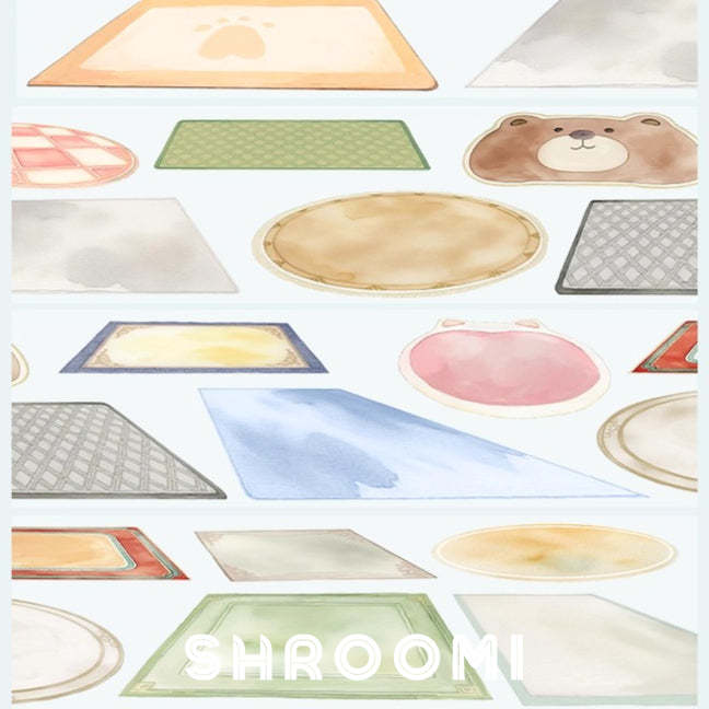 Shroomi modern carpets PET tape display with logo and artistic shapes
