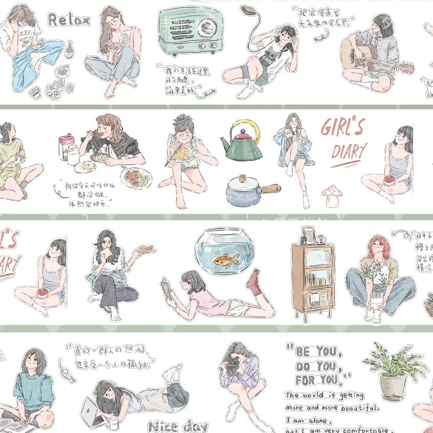 Quiet Moments PET tape layout with relaxed character illustrations and home objects