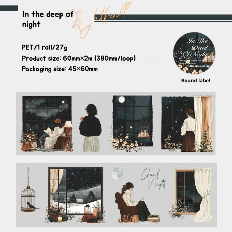 Enchanting Nightfall Series PET Tape showcasing dreamy nightscapes with moonlit gardens and glowing city streets in 6 unique styles.