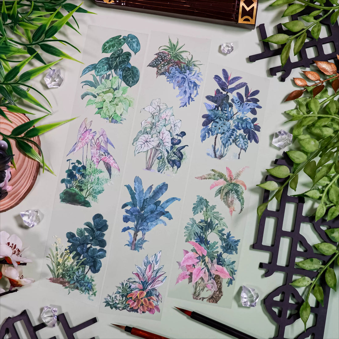 PET tape featuring traditional Chinese ink-style illustrations of potted plants and garden greenery
