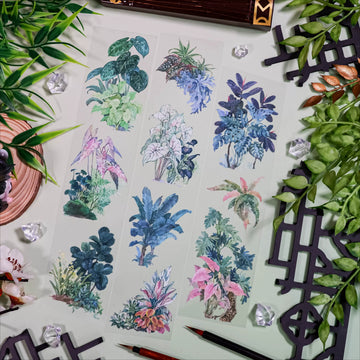 PET tape featuring traditional Chinese ink-style illustrations of potted plants and garden greenery