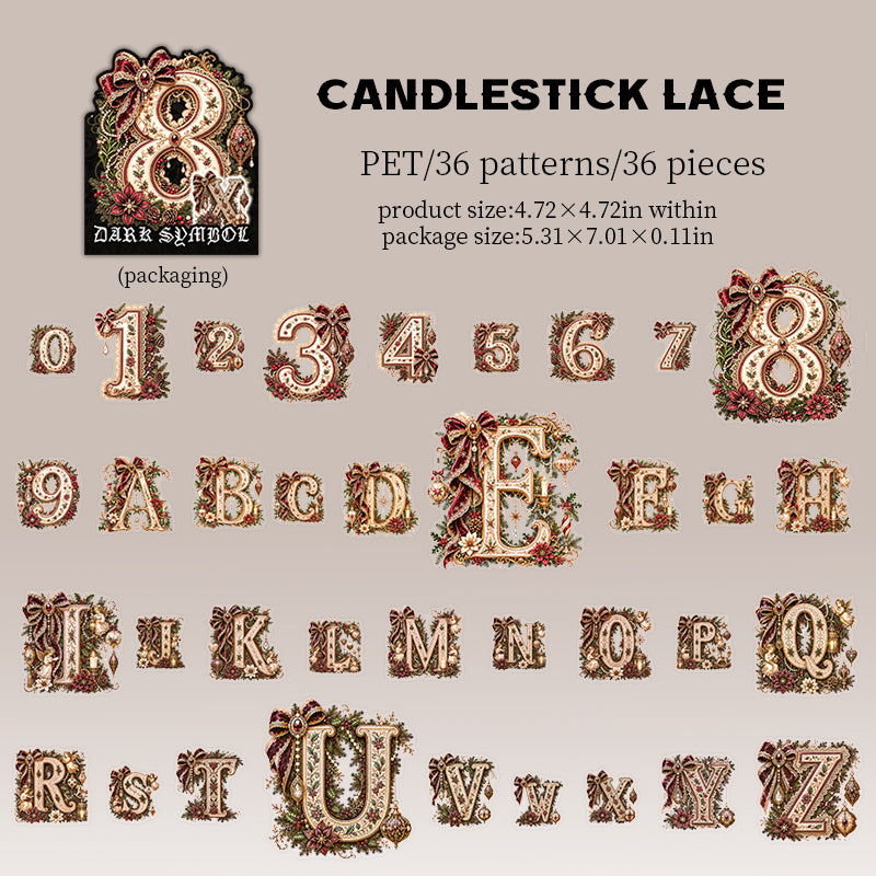 Candlestick Lace style: 36 ornate letters and numbers