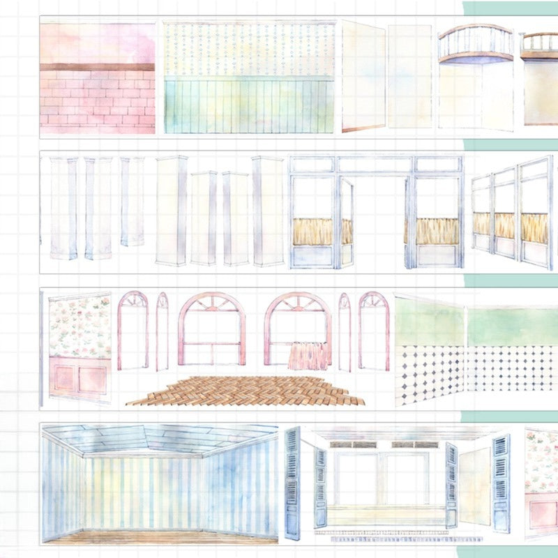Wall 2.0 full tape overview — all sections: wooden panel door room, mosaic tile walls, diamond tile floor, and floral wallpaper room with open double doors