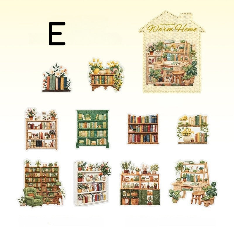 Style E cozy bookshelf sticker sheet with bookcases, plants, display shelves, and reading room details