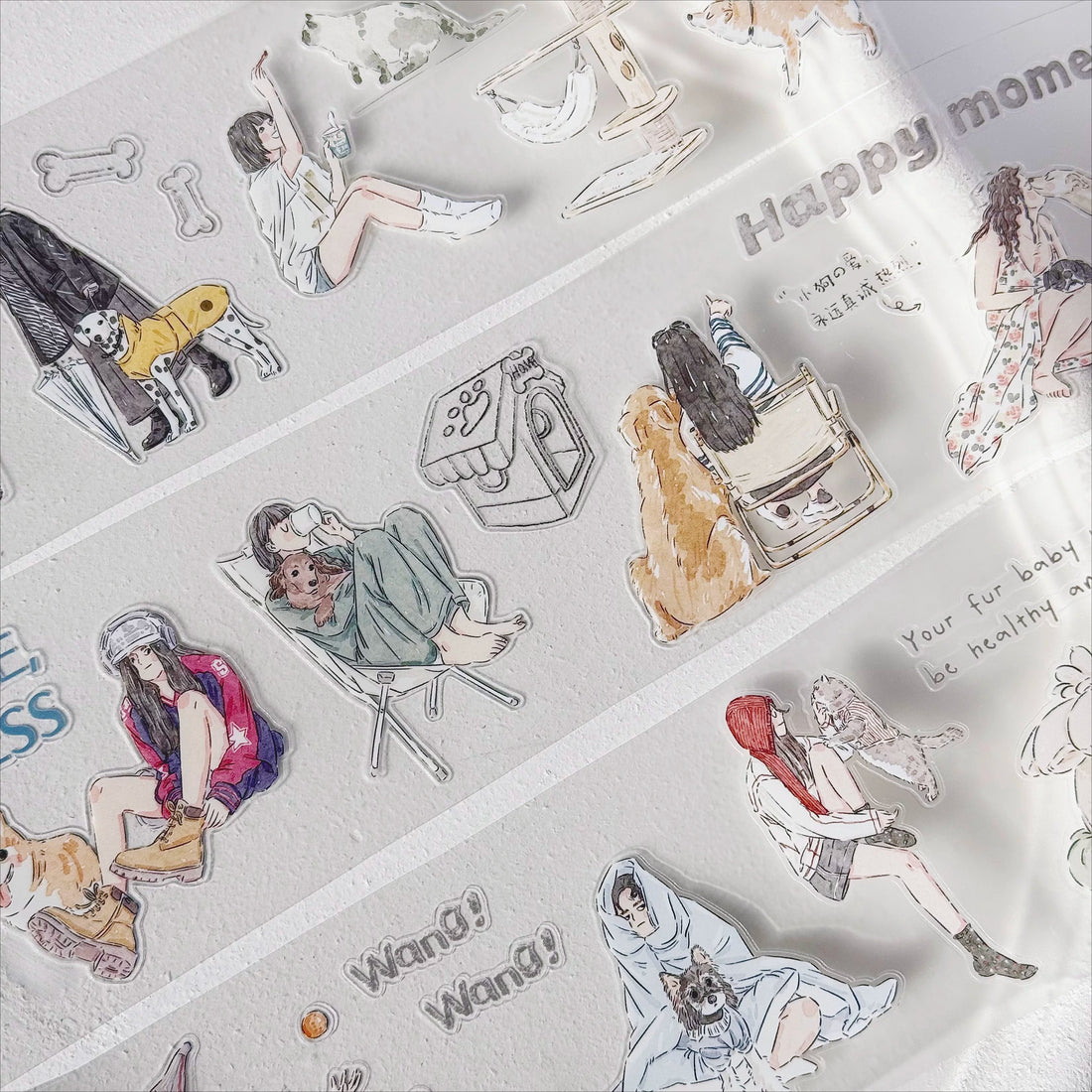 Happy Moment Pets die-cut decorative tape with characters, dogs, and cozy pet scenes