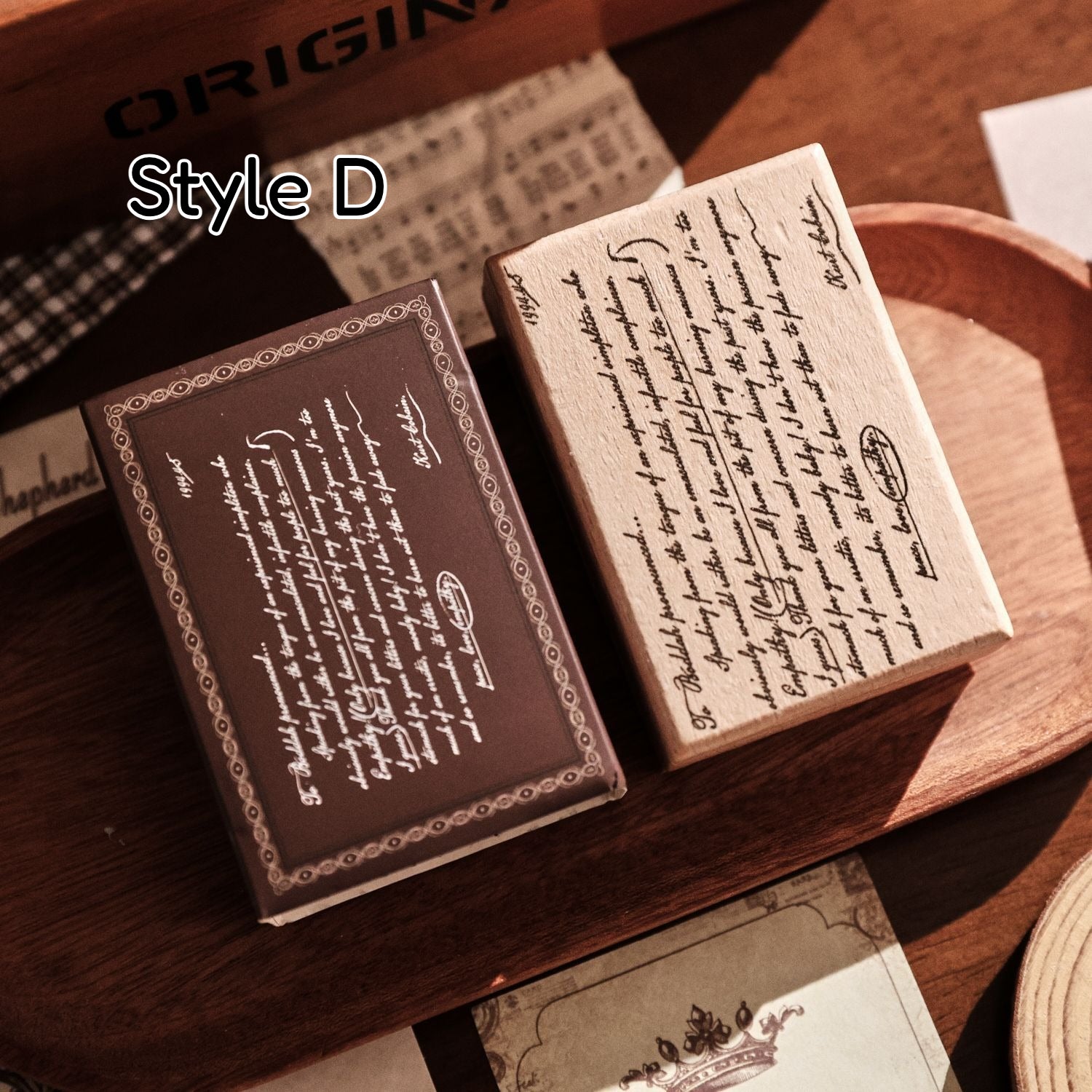 Vintage wooden stamp set with literary text designs