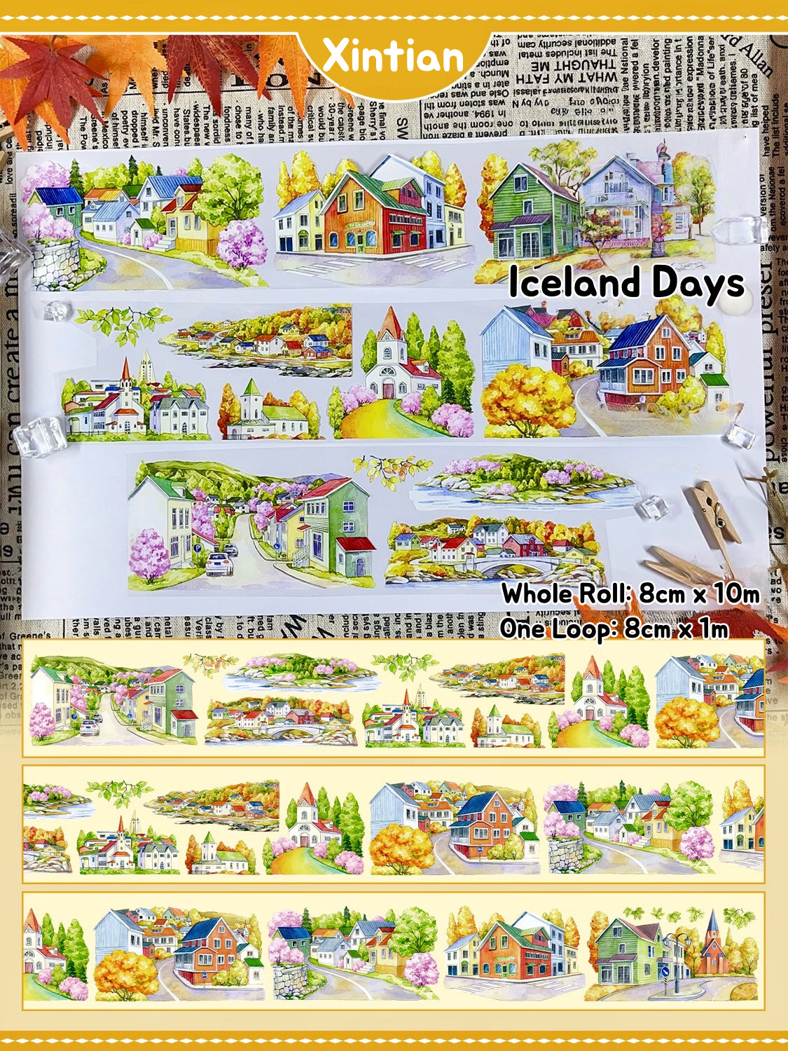 Delicate XINTIAN Scenery Series PET washi tape showcasing watercolor-style seaside towns and lush green valleys.