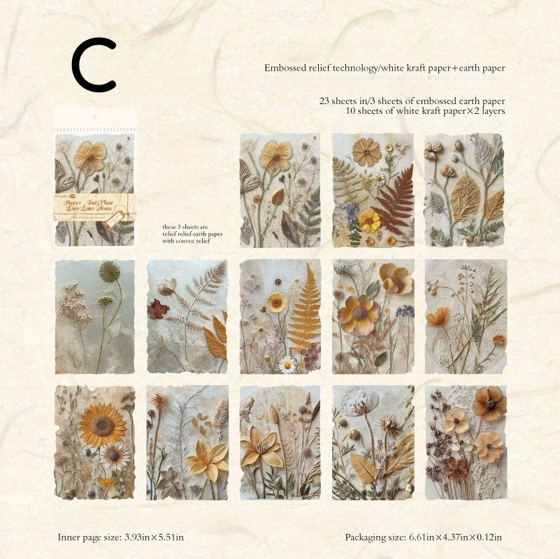 Vintage botanical relief scrapbooking paper with flower and leaf textures