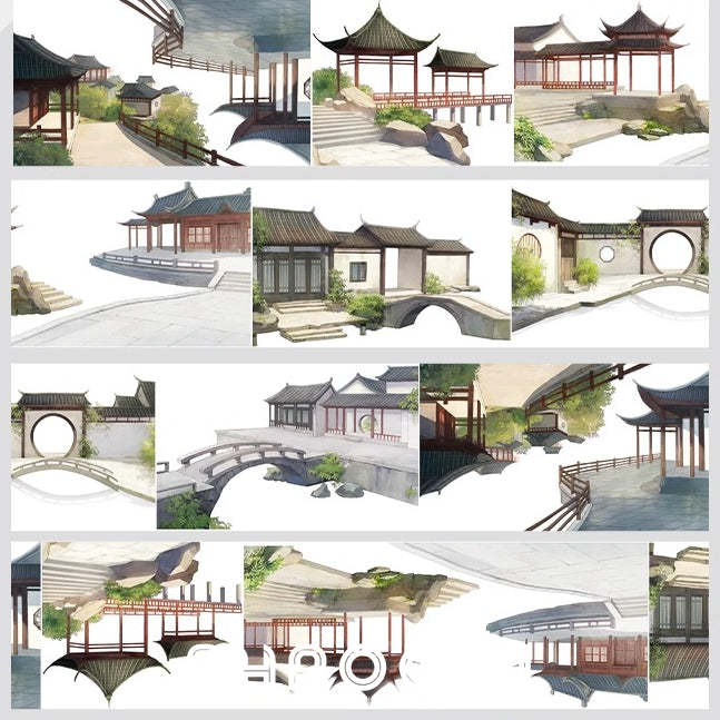 Classic Oriental Garden PET Tape Traditional Oriental Garden PET Tape | Ancient Architecture Washi Tape | Zen Courtyard Decorative Tape