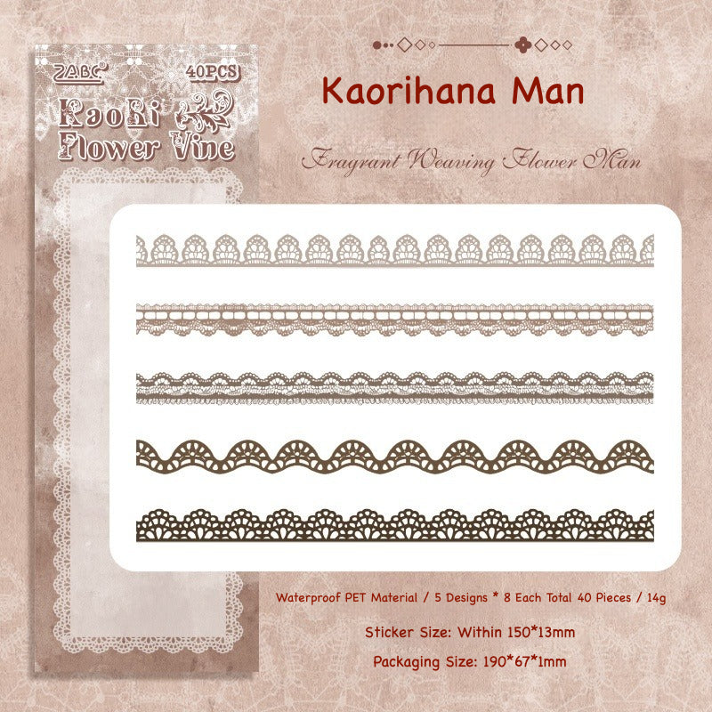 Delicate lace trim sticker strips in white, cream, purple and pink for journaling borders