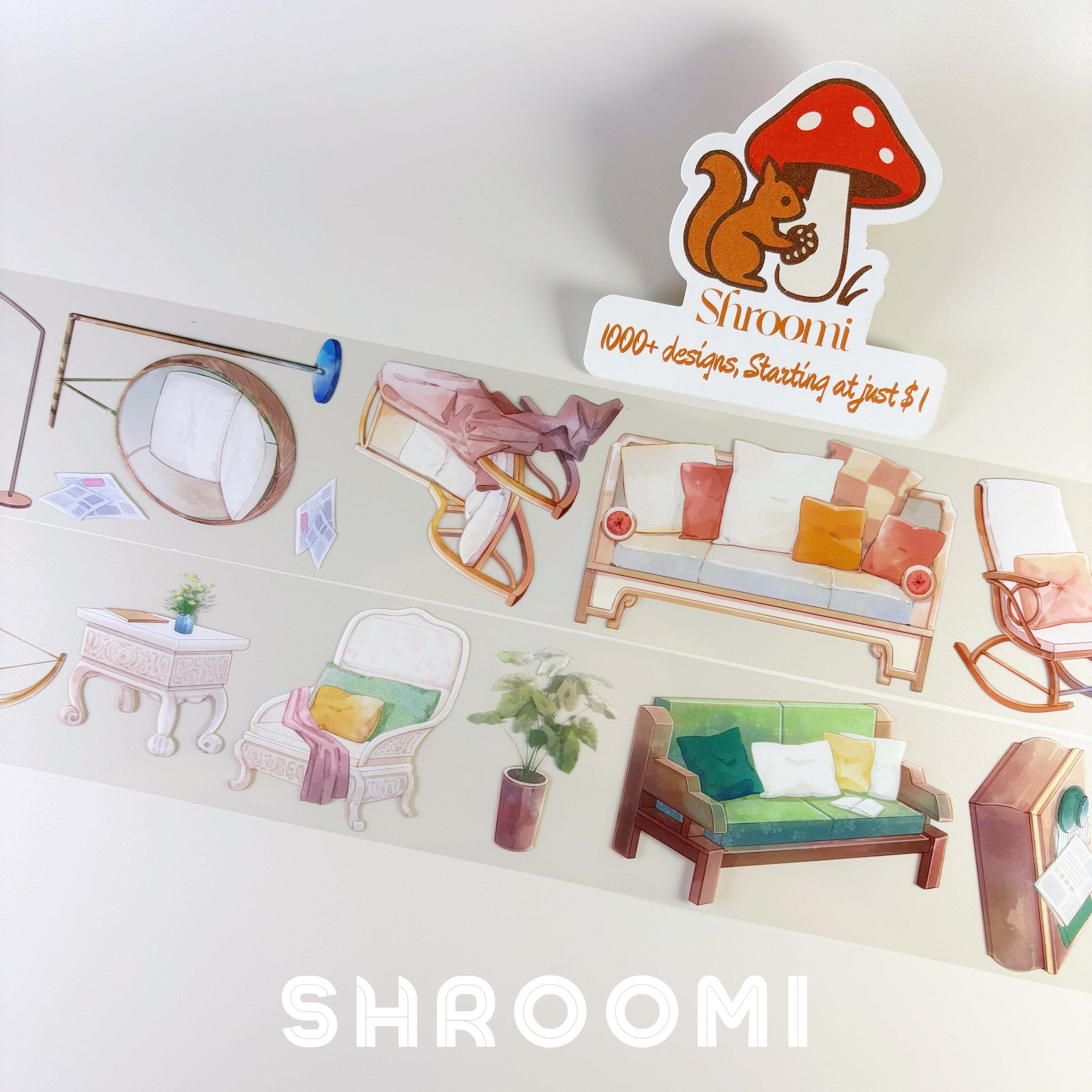 Two strips of Modern Furniture 2 PET tape showing round mirror, rocking chair with blanket, colorful cushioned sofa, ornate side table, wicker armchair, and green sofa