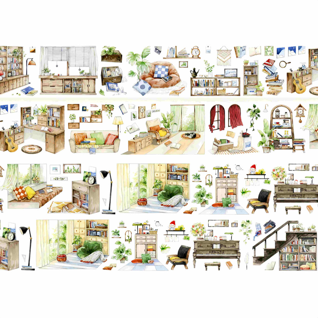 Die-Cut Study Corner PET Tape – cozy reading nook scenes with bookshelves, an armchair, and a newspaper prop