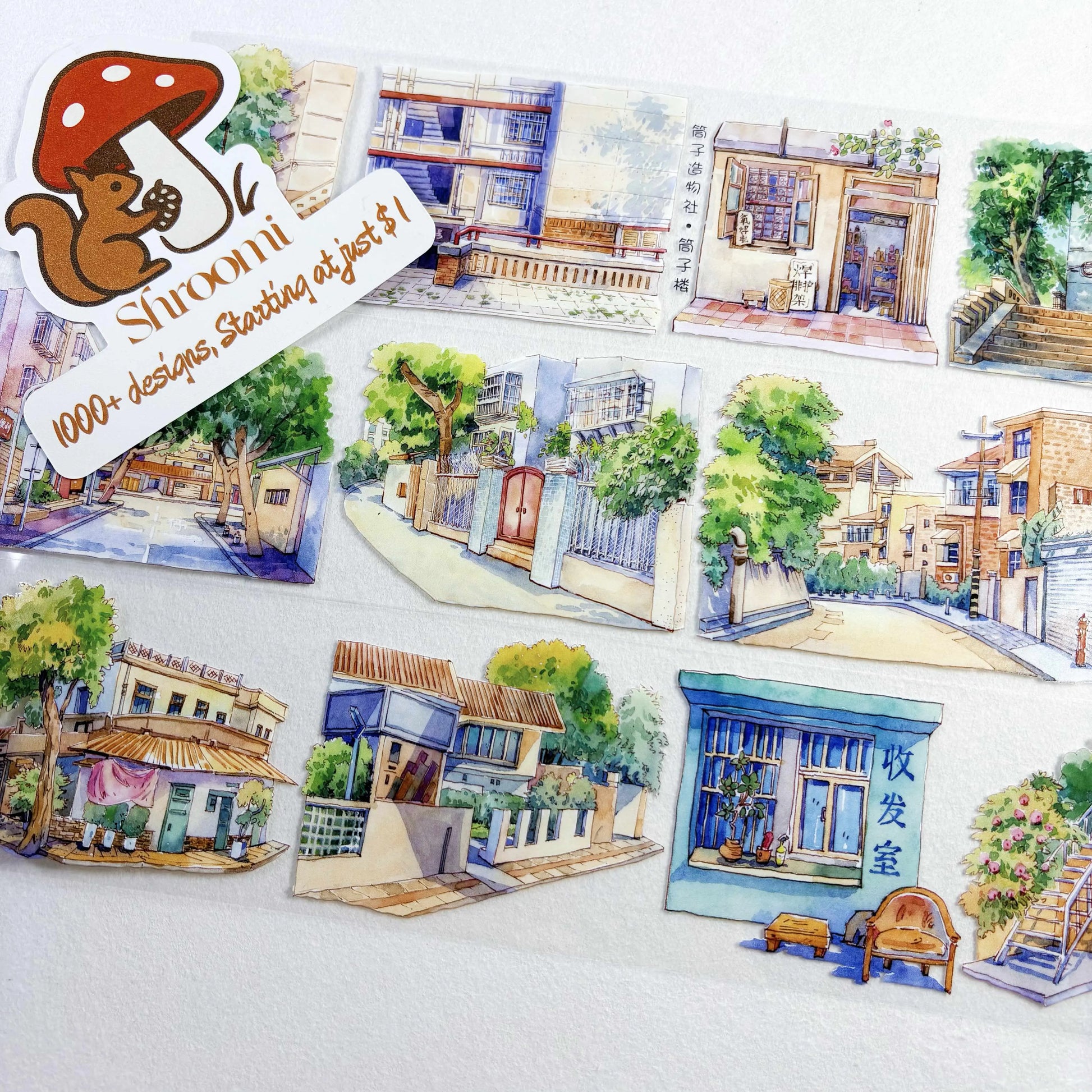 Corners of the City - Buildings, Roadside Shops, Pavement Corners of the City PET Tape | Japanese Anime Style Scenery