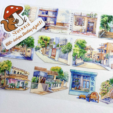 Corners of the City - Buildings, Roadside Shops, Pavement Corners of the City PET Tape | Japanese Anime Style Scenery