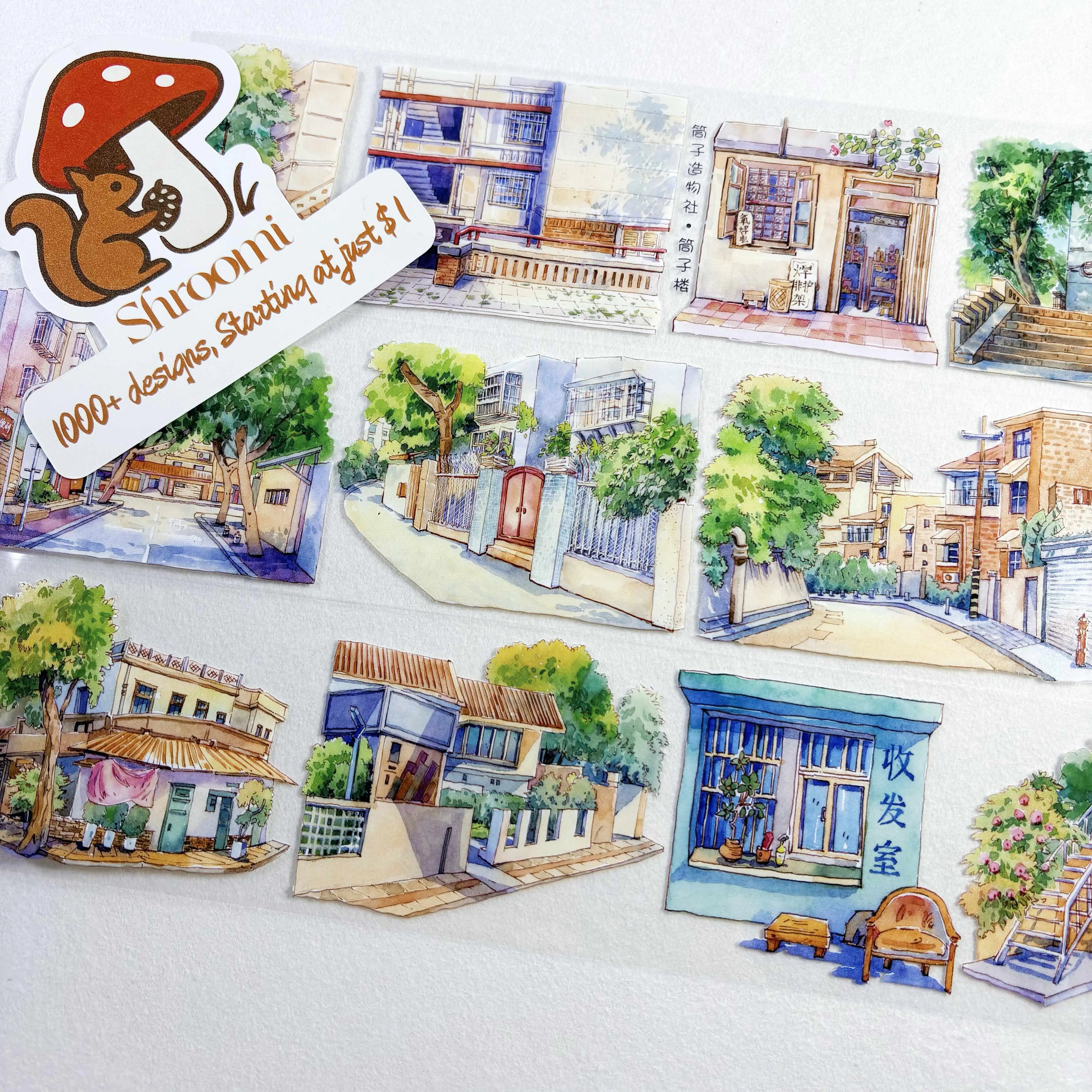 Corners of the City - Buildings, Roadside Shops, Pavement Corners of the City PET Tape | Japanese Anime Style Scenery