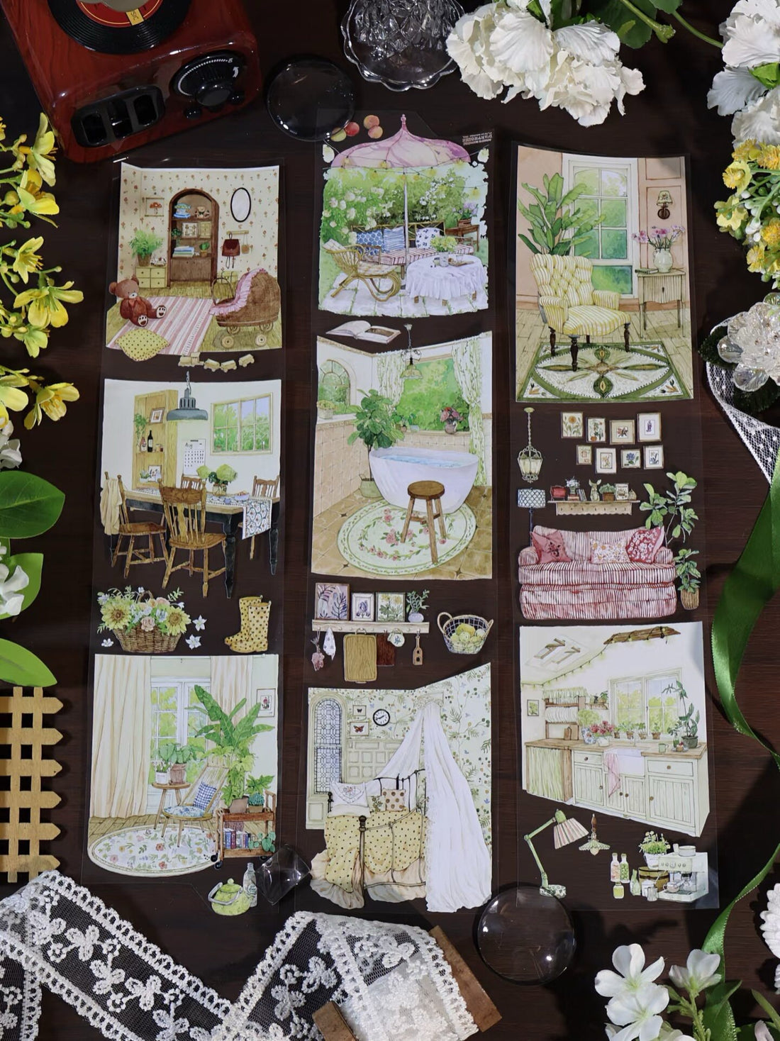 Tranquil Home PET scenery tape — 9 cozy room vignettes: reading nook, sunlit conservatory with bathtub, yellow kitchen, study, canopy bedroom, pink sitting room