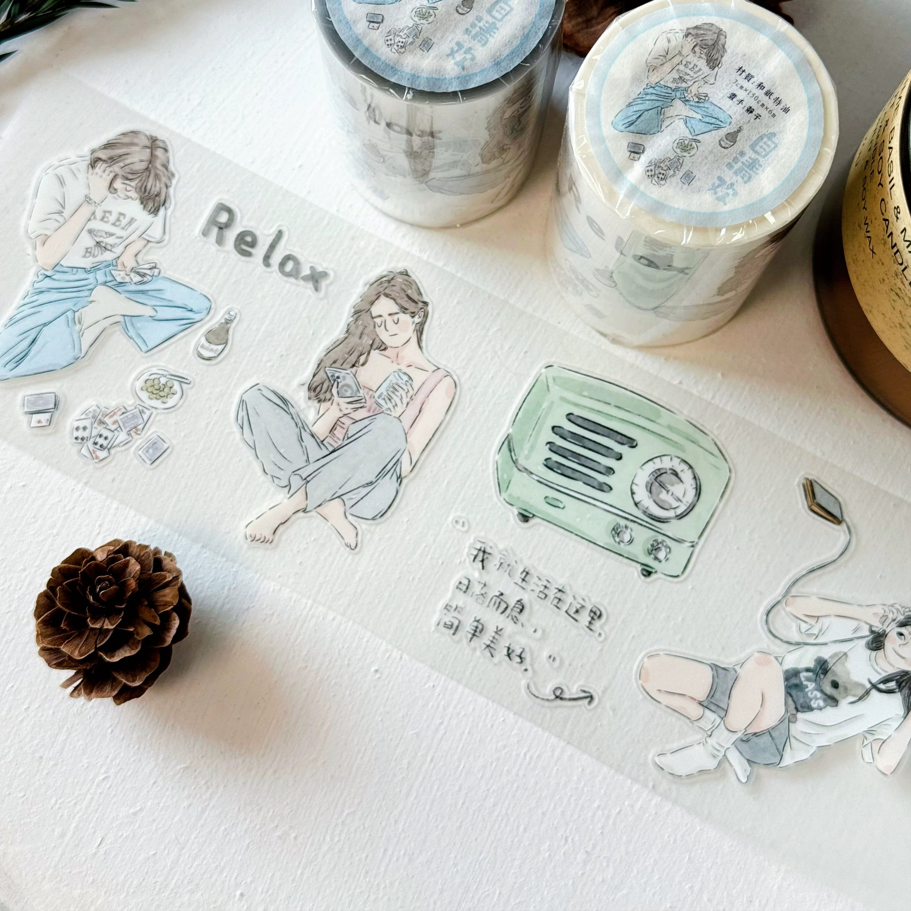 Quiet Moments PET tape close-up with seated girl, retro radio, and relaxing details