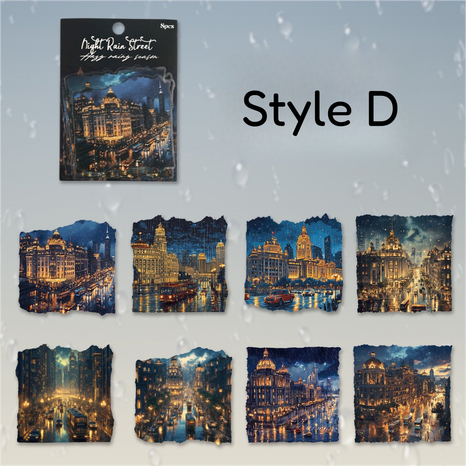 Misty Rain cityscape sticker pack with rainy streets, buildings, windows, and wet-weather scenes - image 8