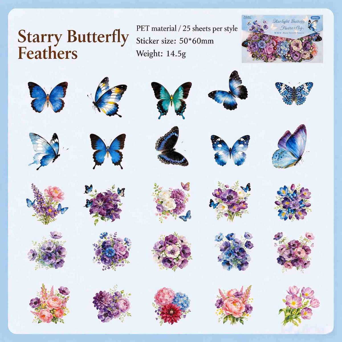 Starry Butterfly Feathers style: blue butterflies with purple flowers