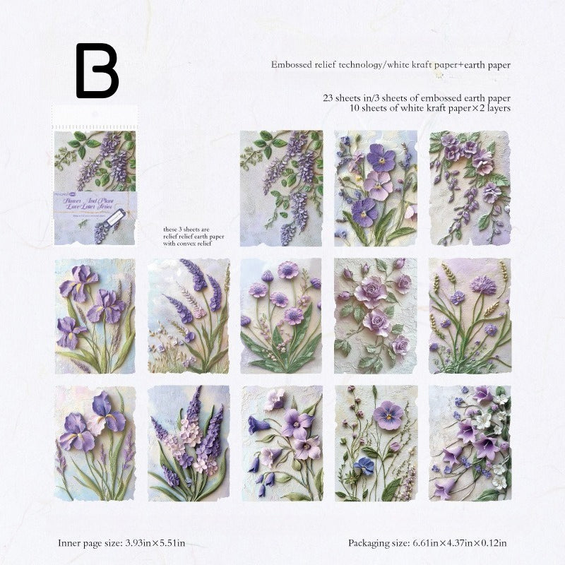 Vintage botanical relief scrapbooking paper with flower and leaf textures