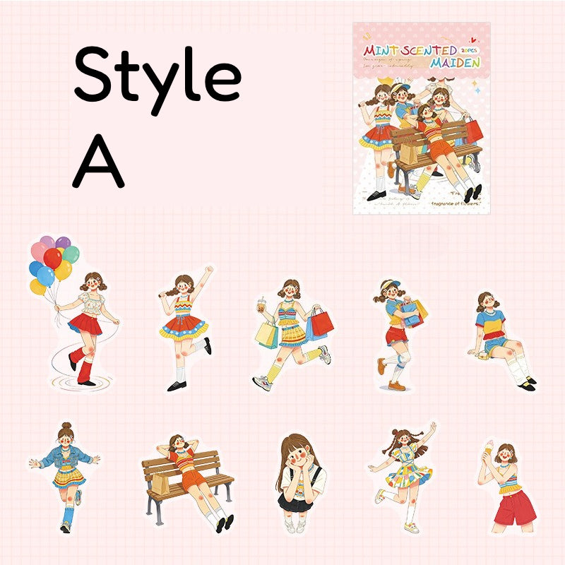 Mint-toned PET scene sticker pack with illustrated girls, house scenes, grass, flowers, blue skies, and summer details