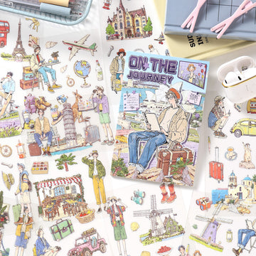 Illustrated sticker book of everyday life scenes, "On the Journey" travel-themed sheet