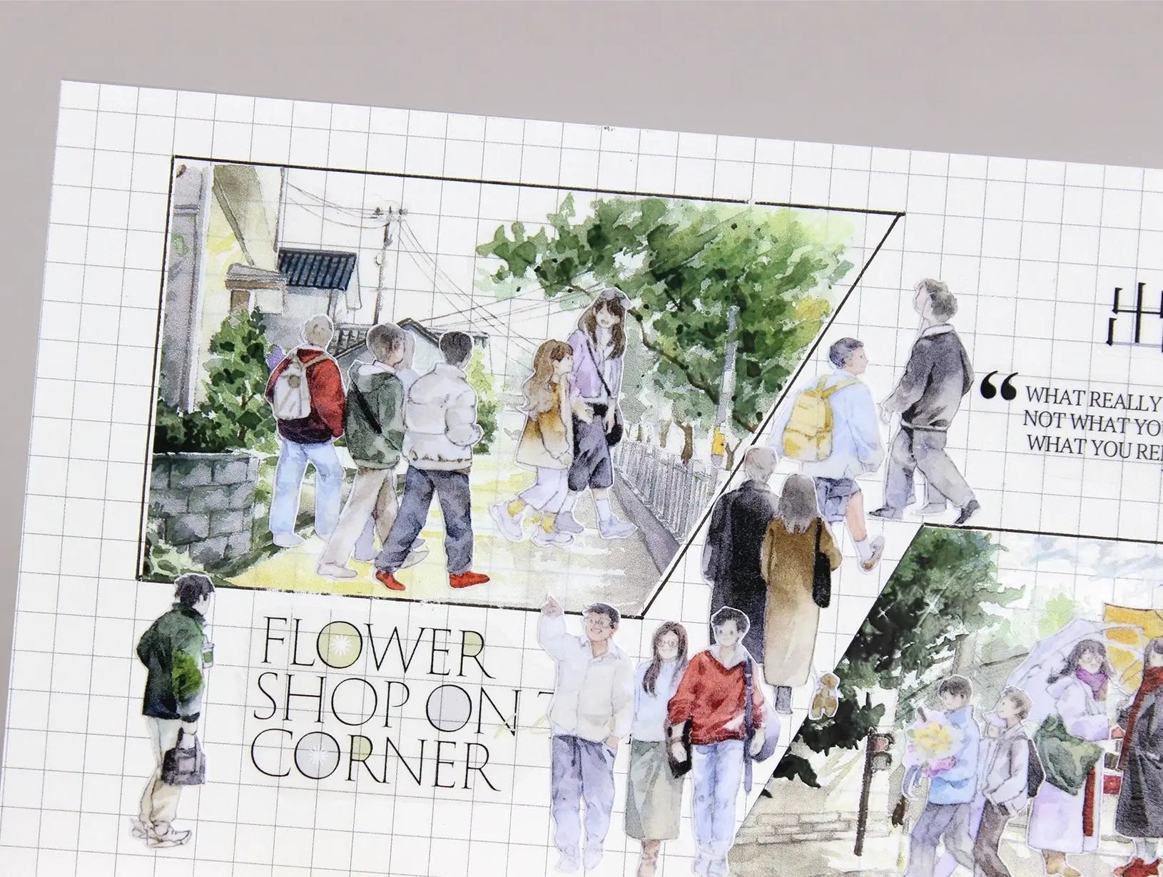 Watercolor PET tape with city wanderer characters, street musicians, cyclists, pets, umbrellas, and everyday urban scenes