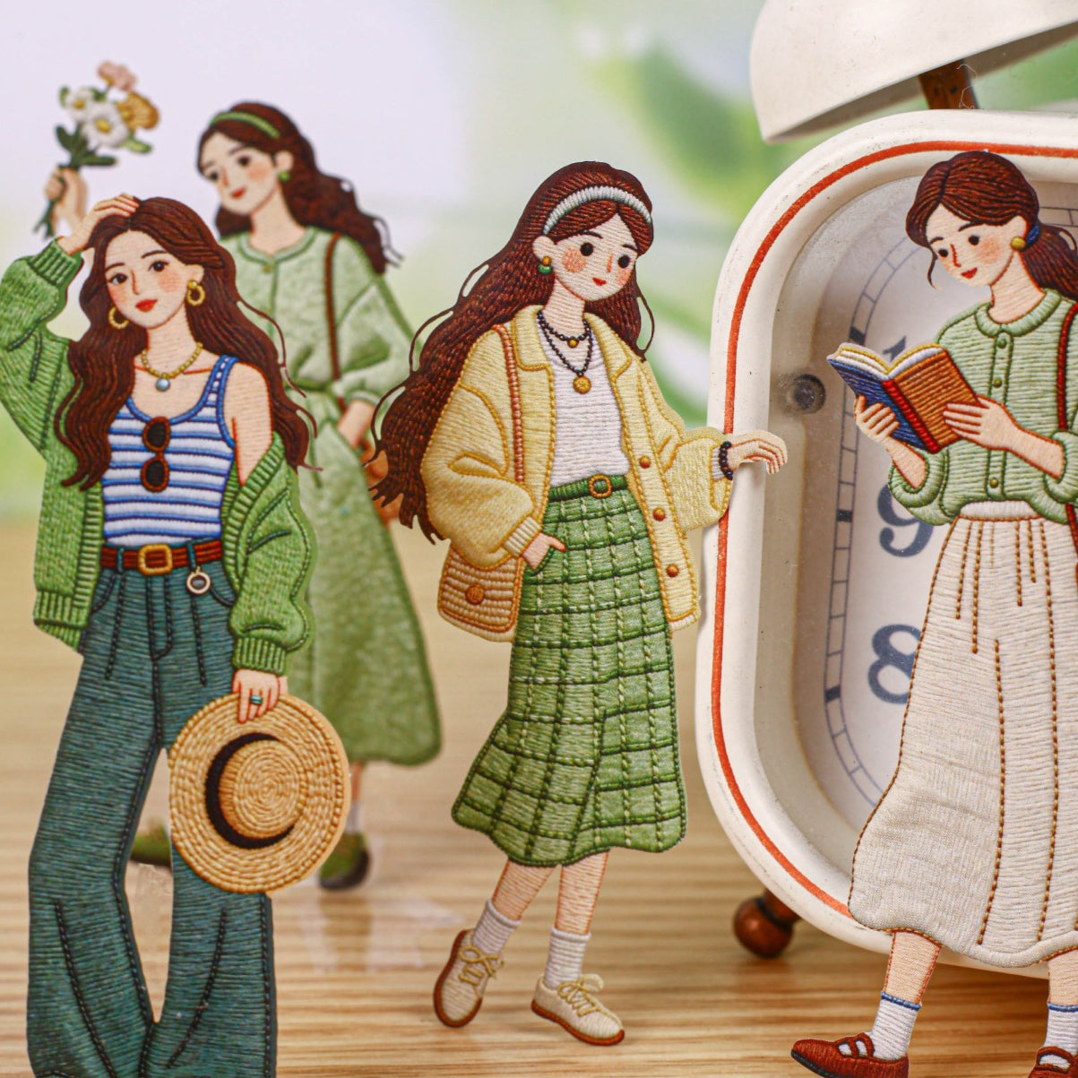 Retro character card sticker pack with textured girls, cameras, hats, beach scenes, and slow-life travel details