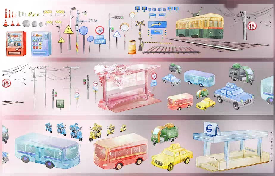 Urban Streetscape Washi Tape — full-color city scene with road signs, vehicles, and crosswalks