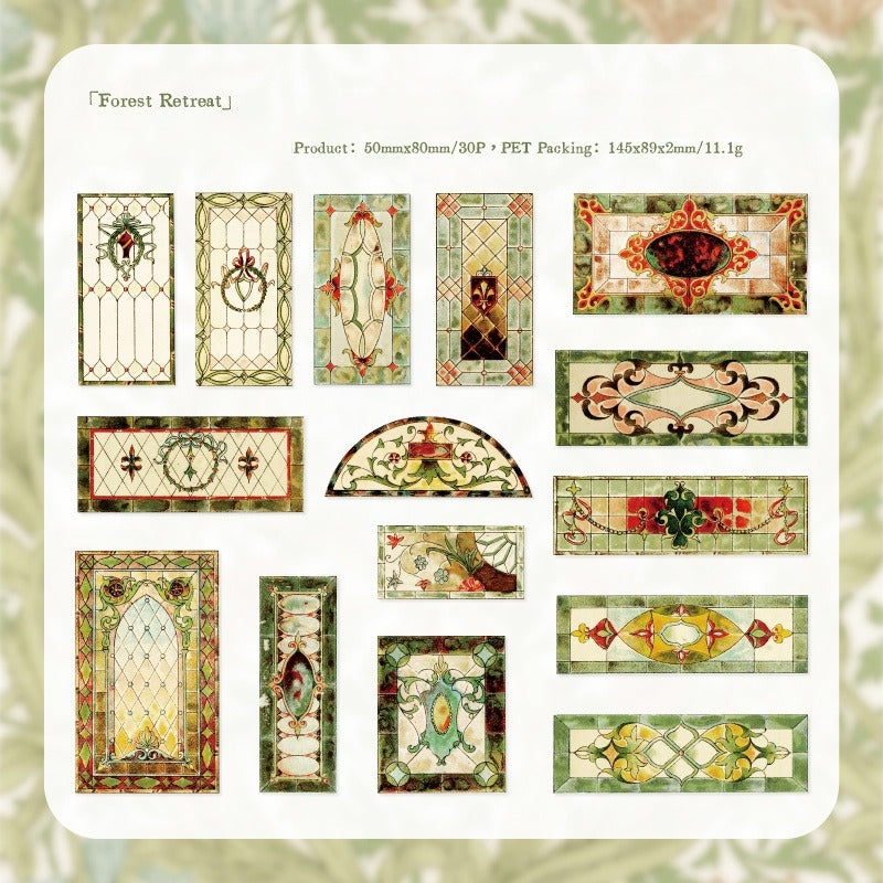 Forest Retreat stained glass sticker sheet with green botanical window panels and ornate borders