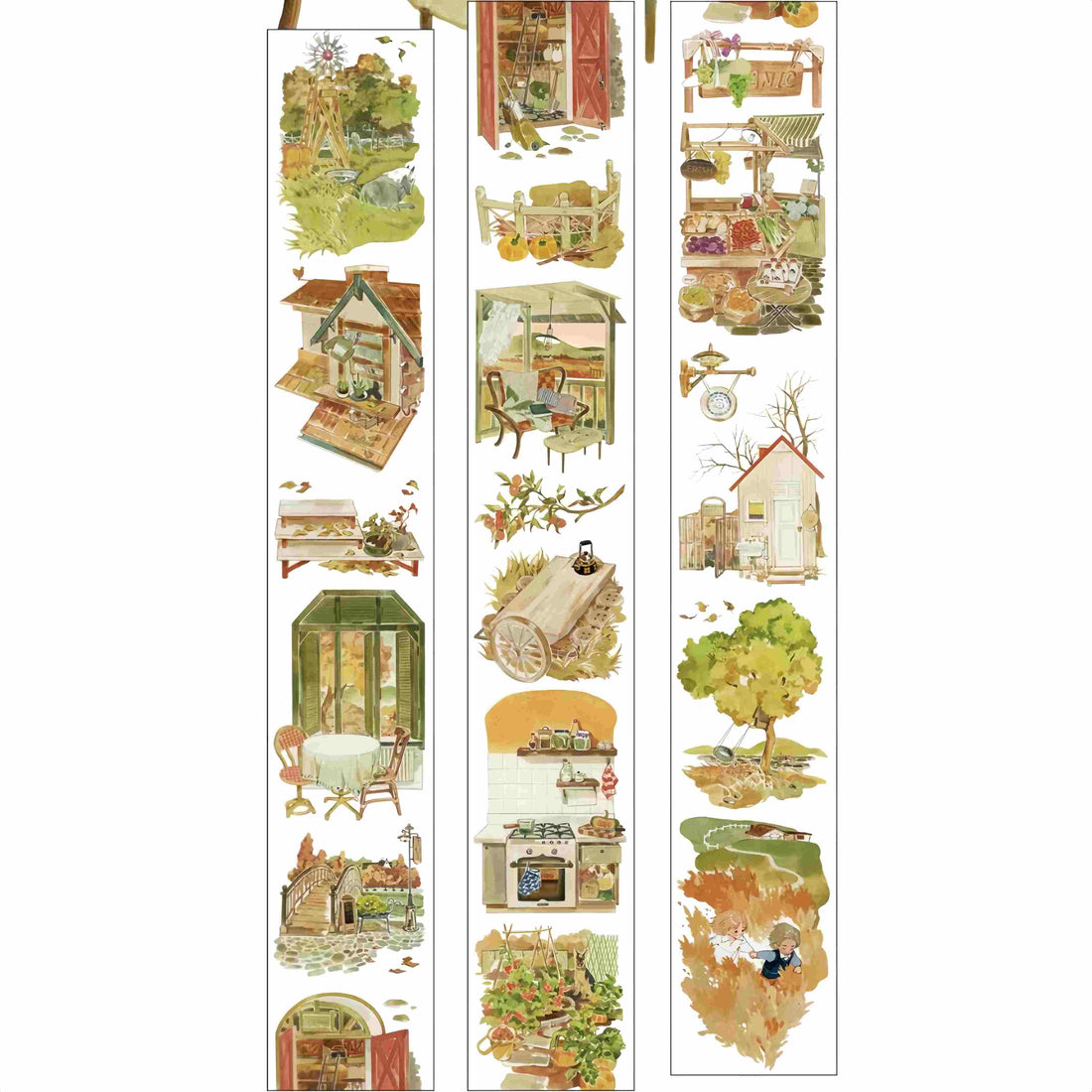 Countryside cottage illustrations featuring a windmill, chicken coop, farm produce stand, and wooden fence with pumpkins