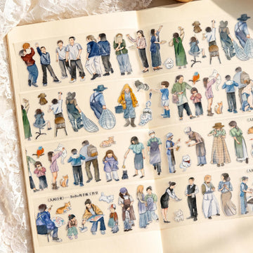 Watercolor PET tape artwork with people, pets, workers, and everyday profession scenes