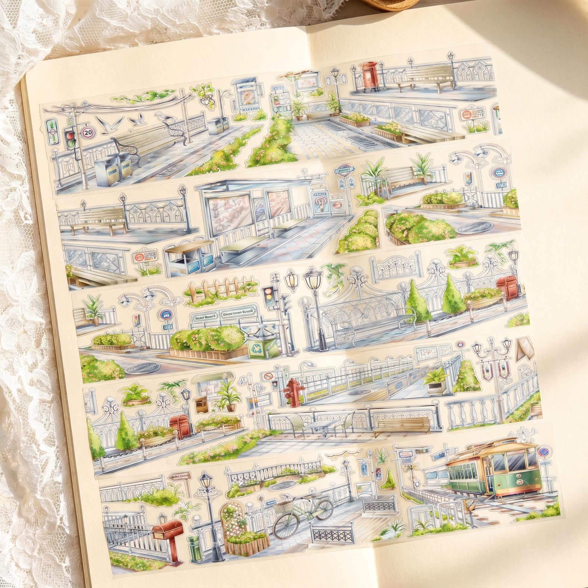 Watercolor PET tape artwork with sunlit roads, railings, benches, greenery, street signs, and a green tram