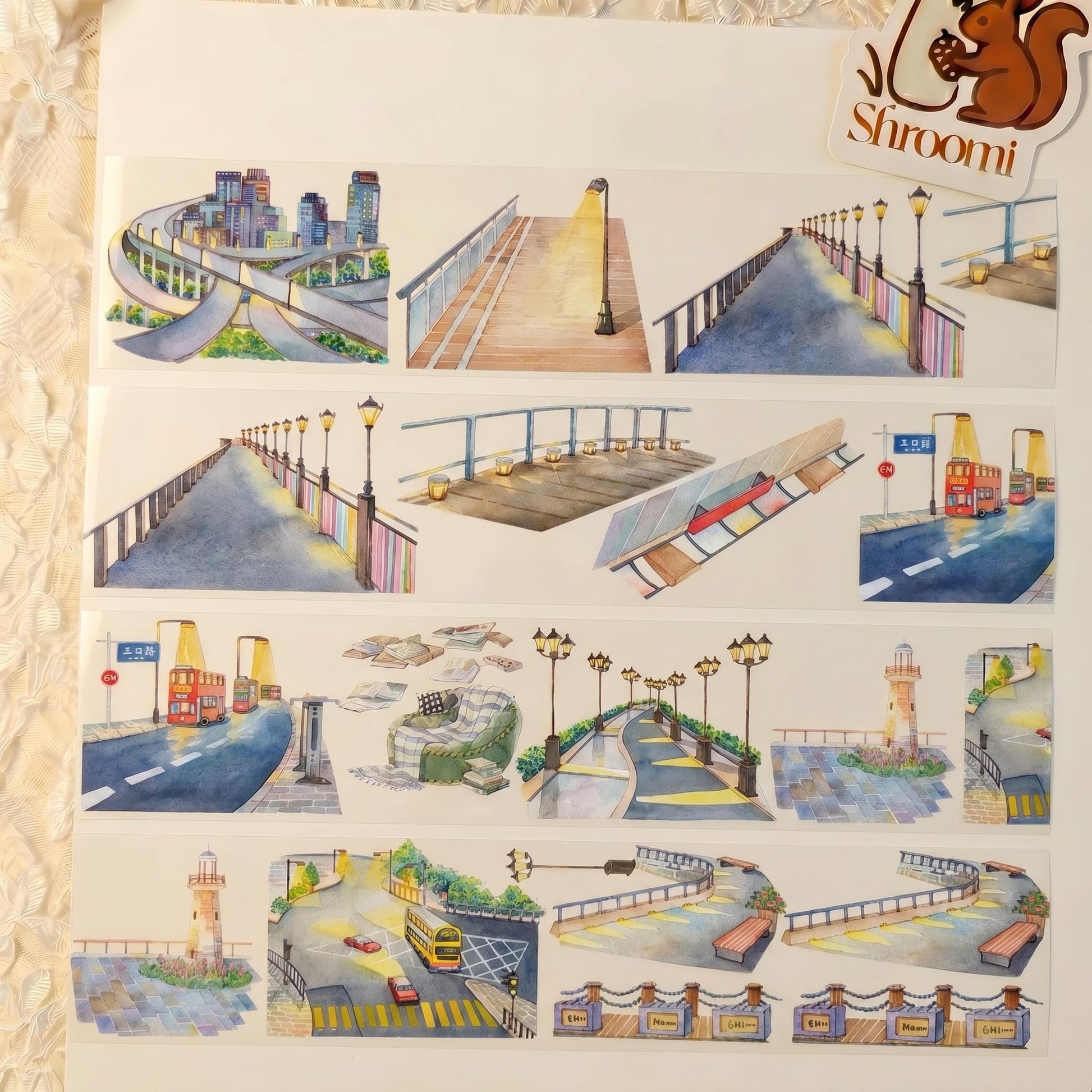 Watercolor PET tape artwork with night streets, railings, lamps, buses, benches, road scenes, and glowing city details