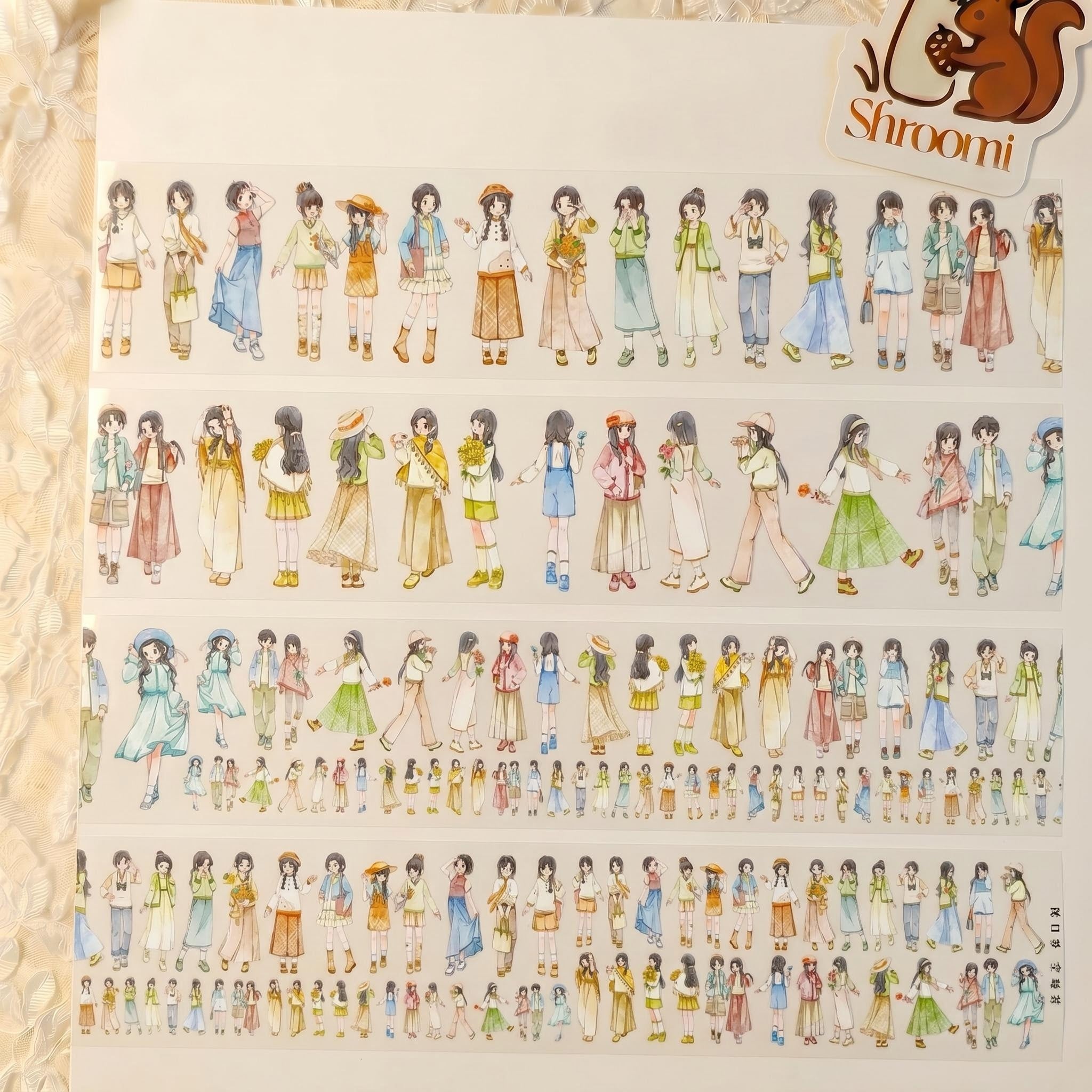 Watercolor PET tape artwork with pastel spring characters, casual outfits, flower bouquets, bags, and walking poses