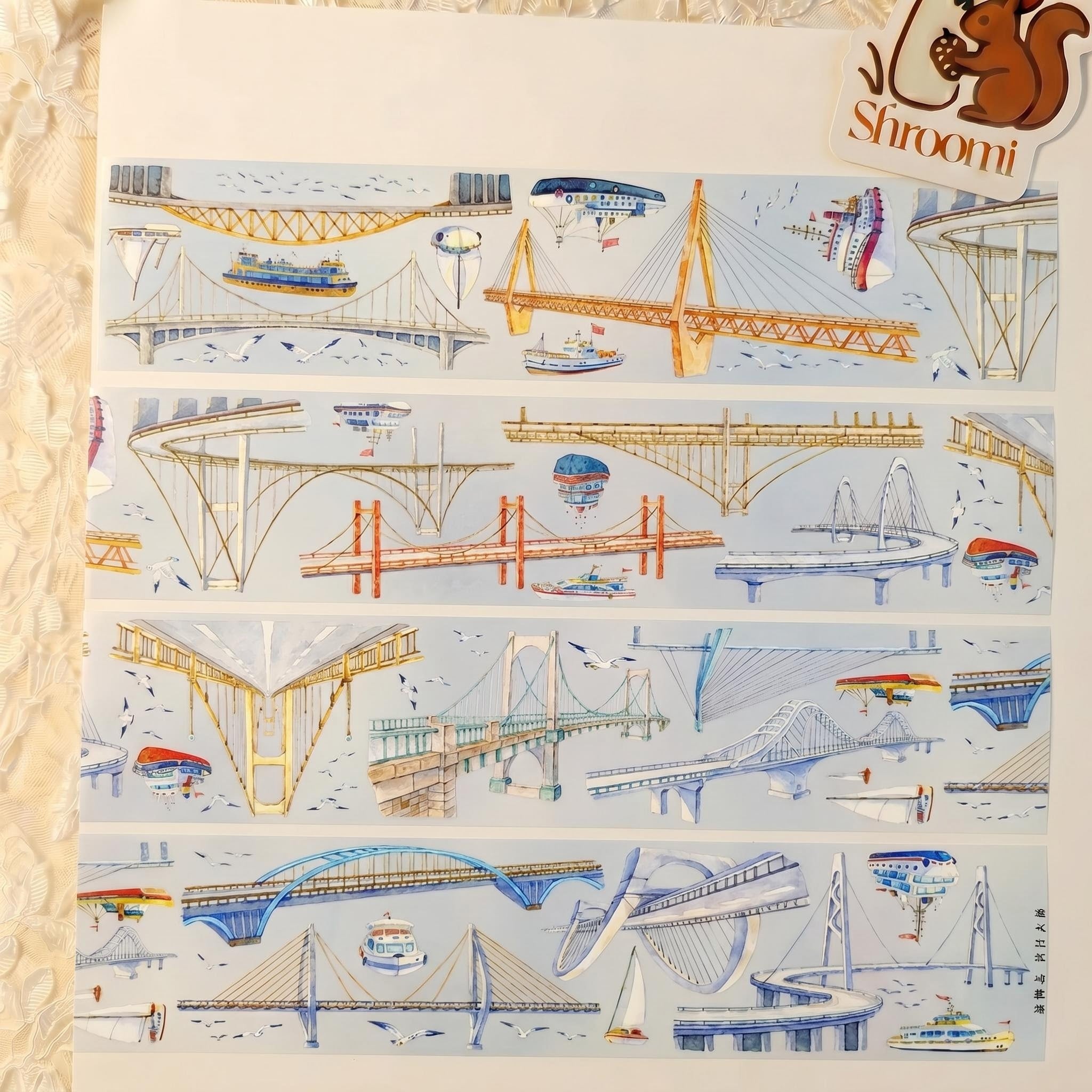 Watercolor PET tape artwork with cross-river bridges, boats, birds, and airy river scenery